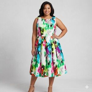 Eliza J Floral Fit & Flare Dress 14W Plus Size Pink Green Blue Tulle Lined Midi